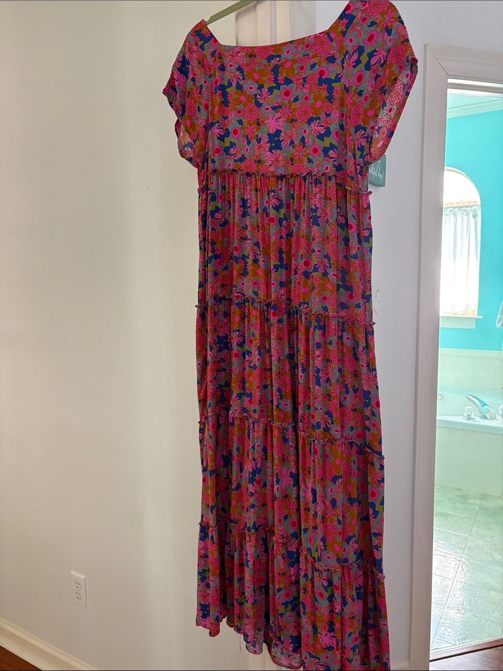 NATURAL LIFE Vibrant Pink Floral Tiered Maxi Dress with Blue & Green Accents